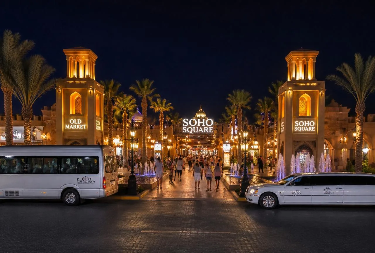 Soho Square and Old Market in Sharm El Sheikh at night with a minibus and limousine