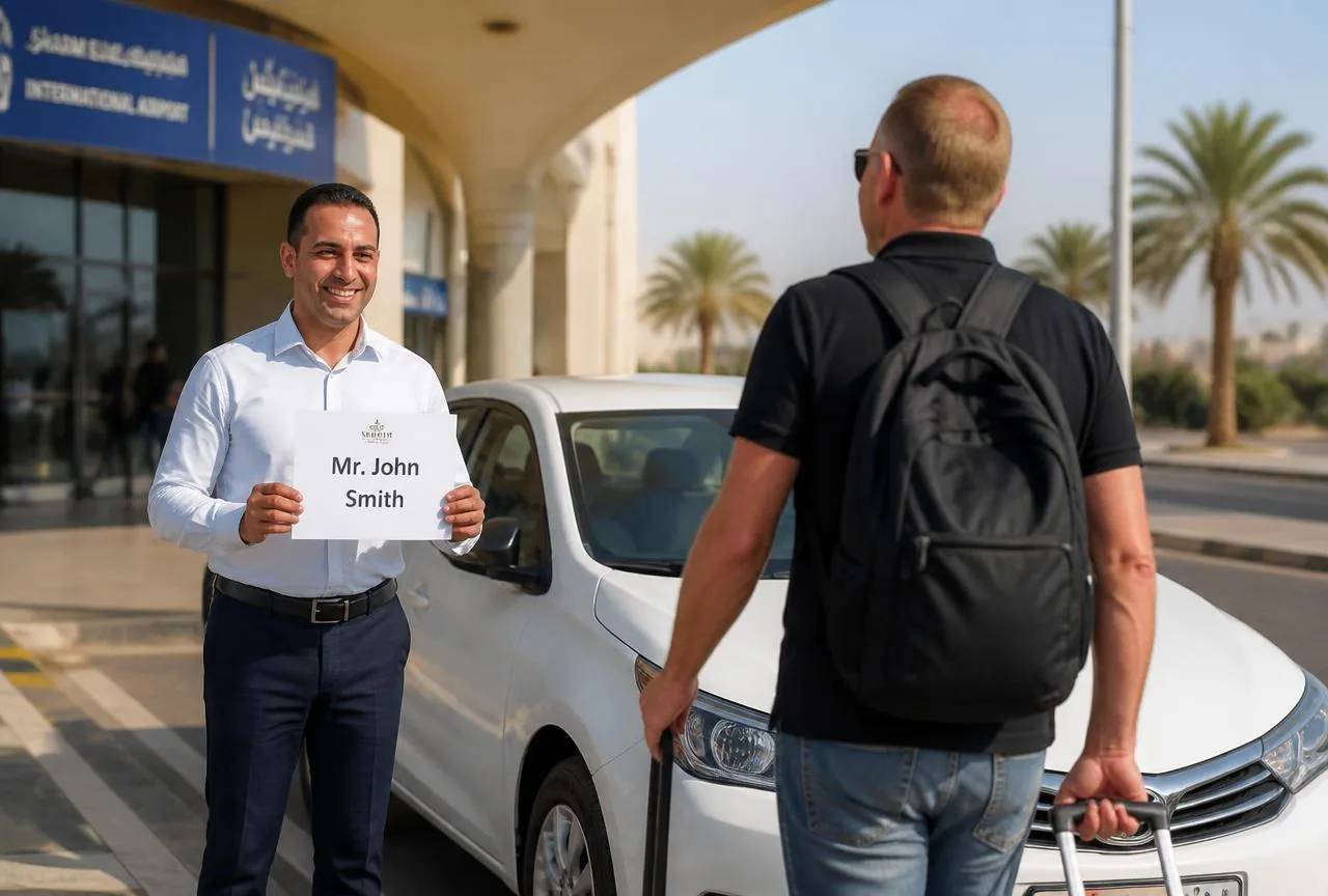 Coravio Excursions driver welcoming a guest with a name sign next to the car at Sharm El Sheikh airport
