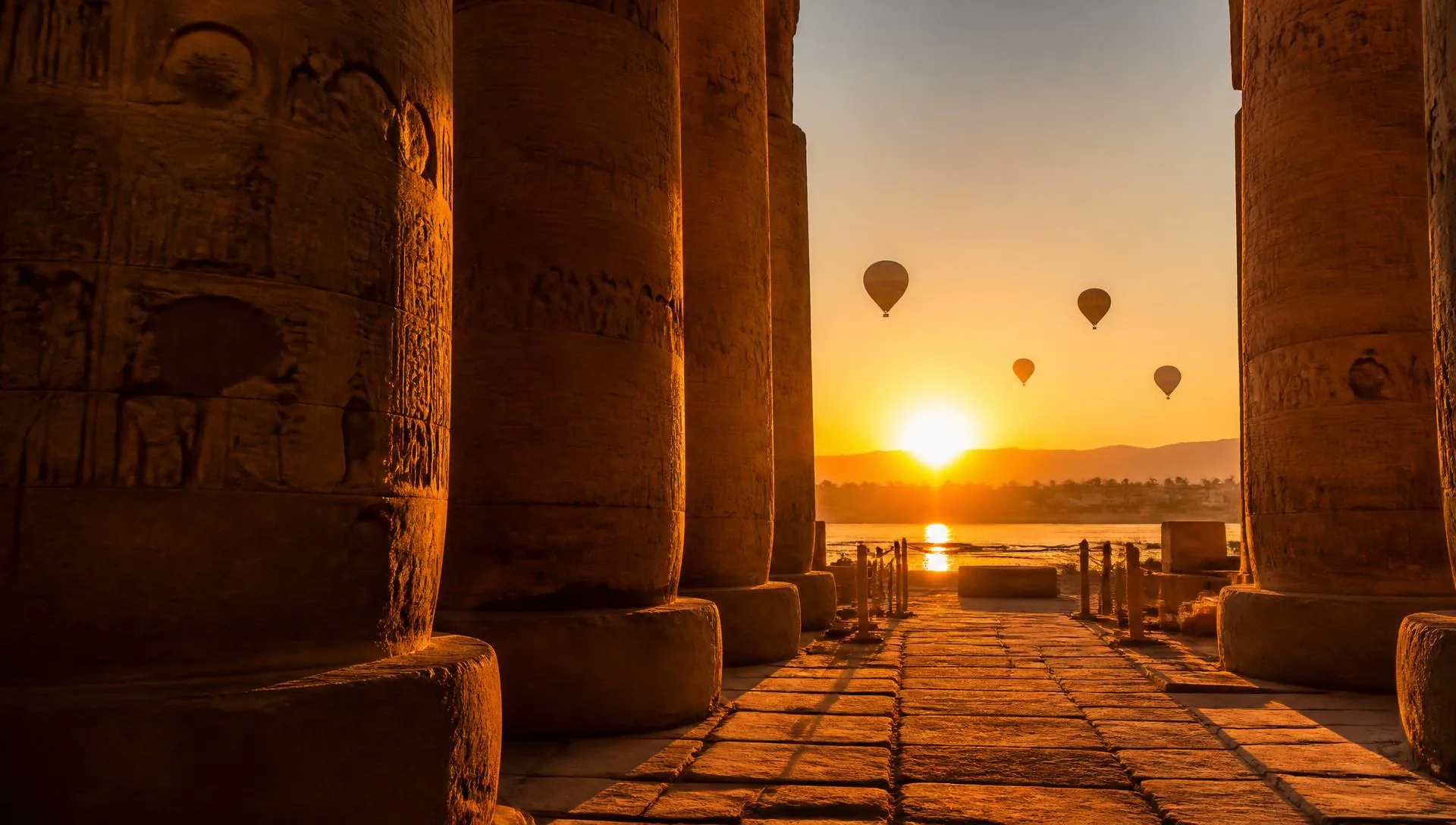 Luxor temple columns at sunset with hot air balloons